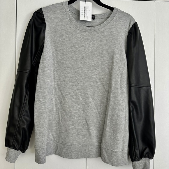 Generation Love Gray and Black Faux Leather Sleeves Sweatshirt - Picture 1 of 7